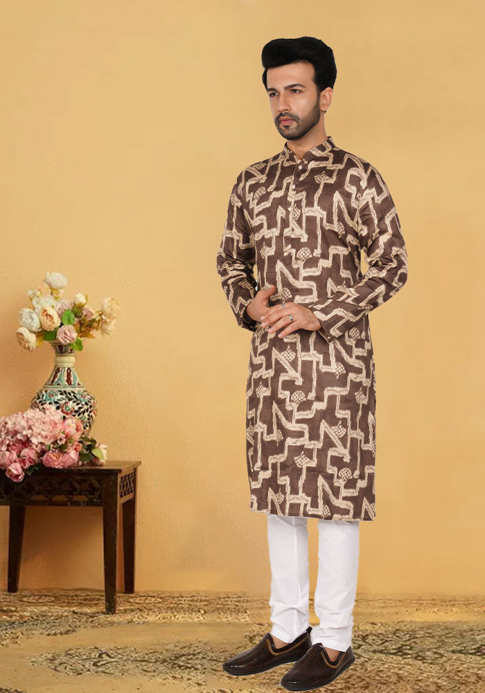 Printed Brown Cotton Kurta