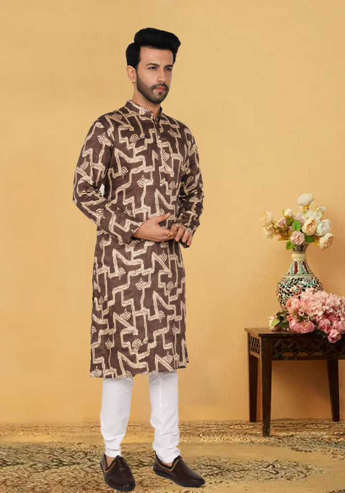 Printed Brown Cotton Kurta