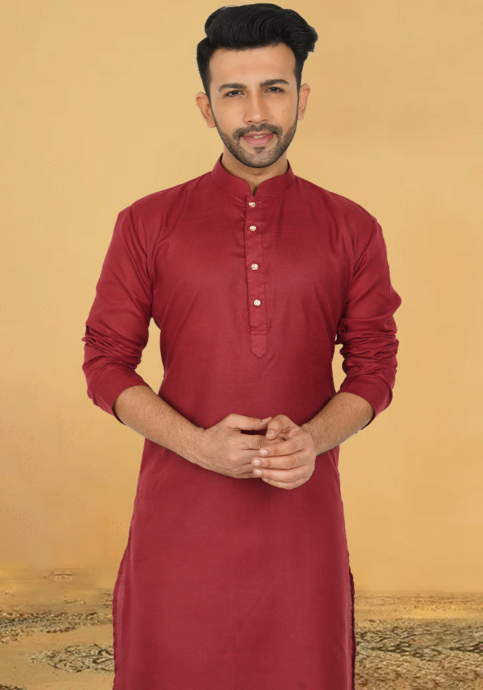 Vibrant Maroon Cotton Kurta with Stand-up Collar