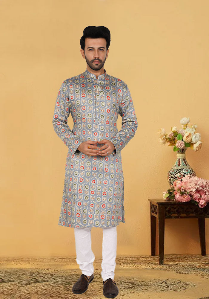 Grey Printed Cotton Kurta