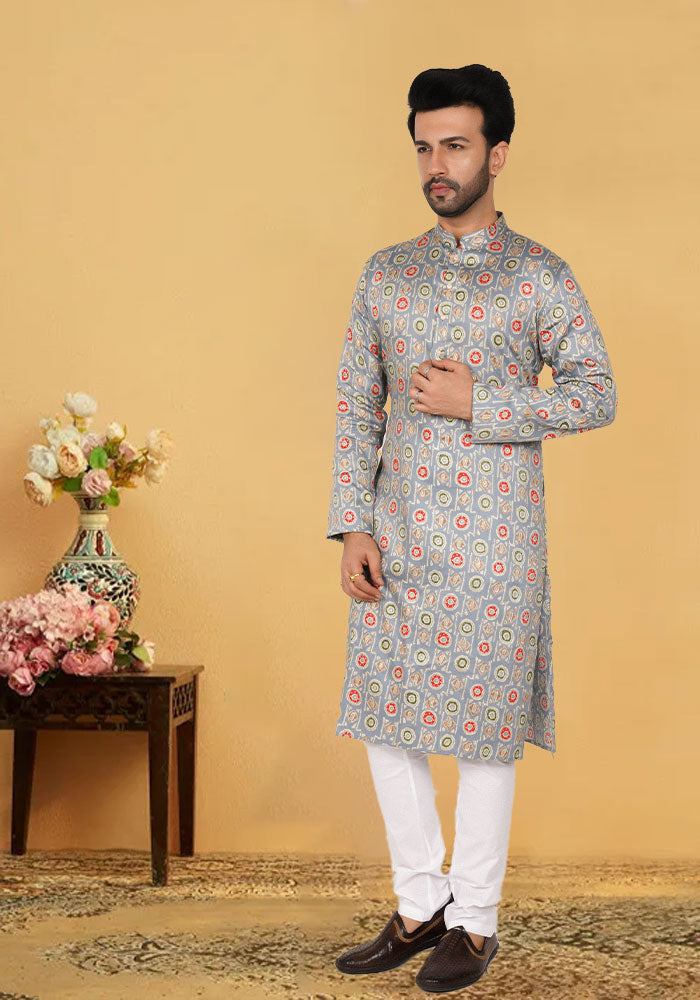 Grey Printed Cotton Kurta