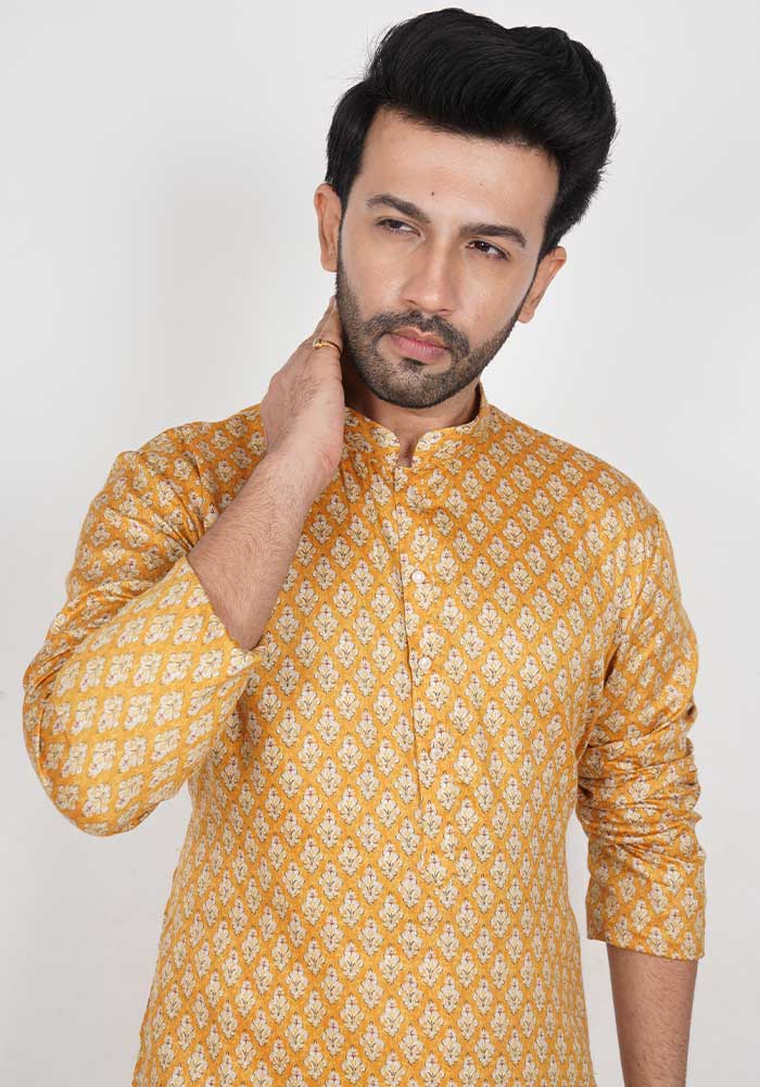 Yellow Printed Cotton Kurta